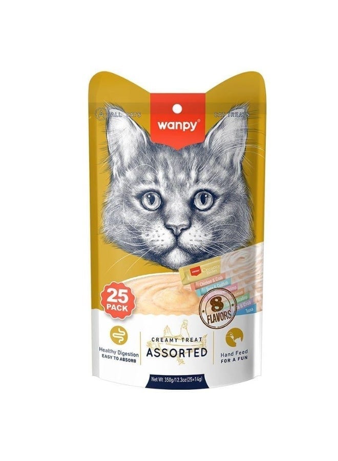 Wanpy Creamy Lickable Cat Treats Mega Pack– 8 Gourmet Assorted Flavors – 25 Sticks per Pack (Pack of 6)  – Healthy Digestion & Easy to Absorb - Image 1